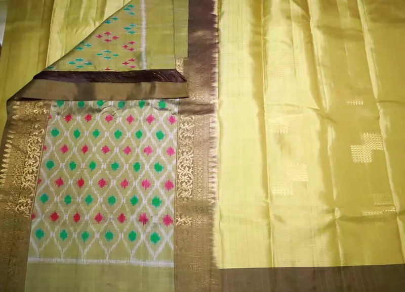 Pastel Yellow Ikat Silk Saree with Gold Zari Border and ikat blouse | Handloom Saree