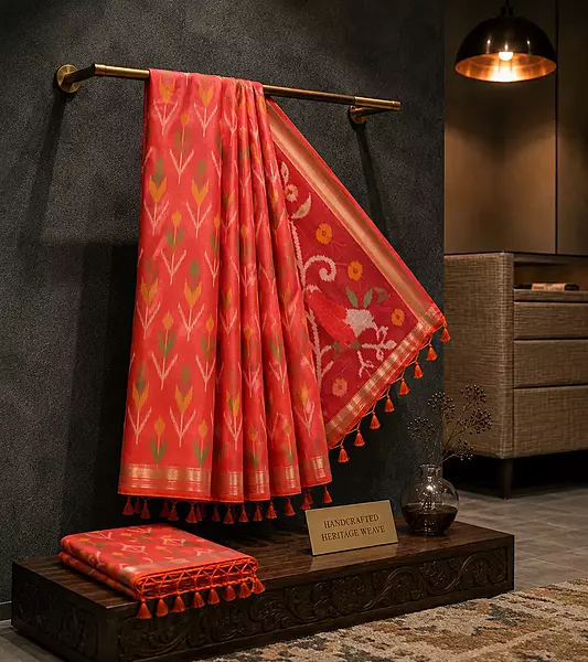 Coral Orange Ikat Silk Saree with Contrast Pallu | Handloom Saree