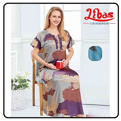 Multicolored Premium Satin Nighty With Geometric Prints All Over From Libas Loungewear - ST101
