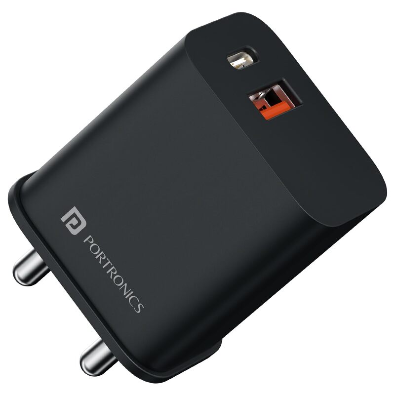 Portronics 1023 Adapto 20B Charger – 20W QC+PD Output | 5V/3A, 9V/2.22A, 12V/1.67A | Black