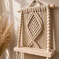 Natural Beige Macrame Diamond Wall Hanging with Wooden Shelf