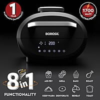 Borosil Bestdigi Air-Fryer, Top Load Air Fryer, Large Capacity, 8 Pre-Set Menus, 8 In 1 Functionality, 6.1 L, 1700 Watt, 6.1 liter, Black
