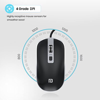 Portronics Toad 21 Wired Optical Mouse – Adjustable DPI | USB Interface | Ergonomic Design | 1.5m Cable | Black | PC & Laptop Mouse