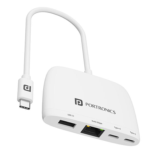 Portronics Mport 41 – A versatile 4-in-1 USB-C Hub featuring Gigabit LAN, HDMI, USB 3.0, and SD card reader. Perfect for expanding connectivity for laptops and tablets with USB-C ports.