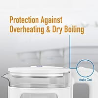 KENT Cool Touch Glass Kettle| 1500W | 1.8L Capacity | 360° Rotating Base | Overheating and Dry Boiling Protection | White