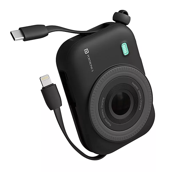 Portronics Power Shutter – 15W Wireless 10K Power Bank (Black) offers fast charging, sleek design, and portability. Ideal for on-the-go charging of smartphones and devices. Stay powered up!