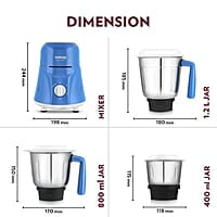 Borosil Star Mixer Grinder, For Wet/Dry Mixing & Grinding, 500 Watts, 3 Jars (400 ml Chutney Jar, 1.2 L Multipurpose Jar, 0.8 L Dry/Wet Grinding Jar), Mixie For Kitchen, Blue