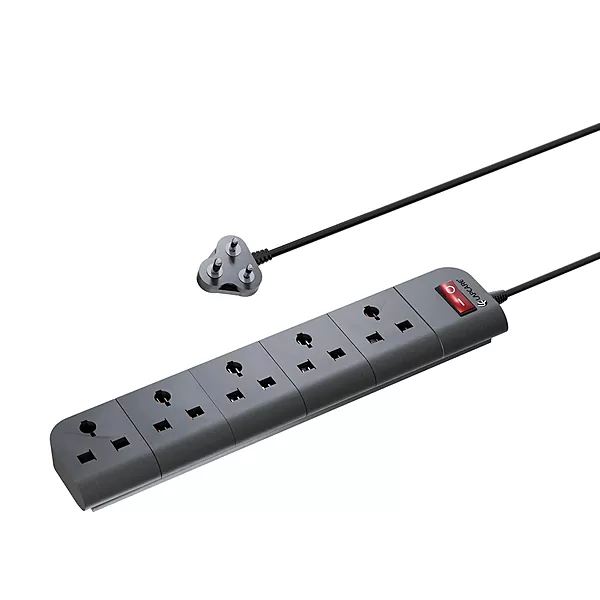Lapcare Surgee 5 extension board with 5 universal sockets, 1.5 m cord, 1500 W capacity, fire‑proof build and short‑circuit protection.