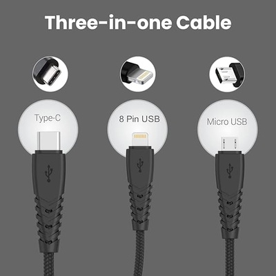 Portronics Konnect A Trio 3-In-1 Multifunctional Cable For Micro Usb Type C Smartphone, Tablet 3.0 A, 1.5 Mtr Portronics Konnect A Trio 3-In-1 Multifunctional Cable For Micro Usb Type C Smartphone, Tablet 3.0 A, 1.5 Mtr