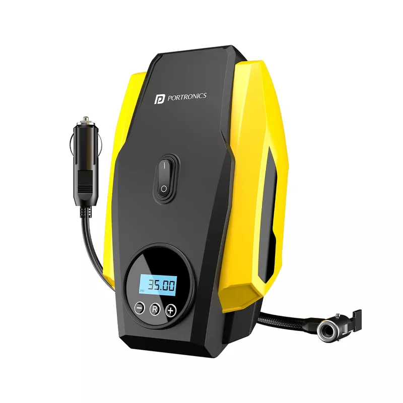 Portronics VAYU Lite Tyre Inflator – Portable | Car Charger Socket | Black-Yellow