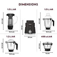 Borosil Grande 1000 W Mixer Grinder, With Double Ball Bearings, 4 Jars (3 SS Jars (1.5 L Blending Jar, 1.2 L Dry/Wet Grinder, 400 ml Chutney Jar) & 1 PC Jar with Fruit Filter) Mixie For Kitchen