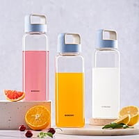 Borosil Crysto Glass Water Bottle, Fridge Bottle Set of 3, Borosilicate Glass, Extreme Temperature Resistant, For Hot & Cold Water, Milk, Lassi, Juice, Blue Husk Lid, 750 ml, Stylish & Transparent