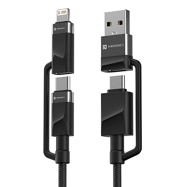 Portronics Omnicord – 60W 4-in-1 Fast Charging Cable, Black. Versatile and efficient, this cable supports multiple devices with rapid charging capabilities, ensuring you stay powered up on the go.