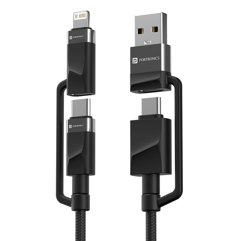Portronics Omnicord – 60W 4-in-1 Fast Charging Cable, Black. Versatile and efficient, this cable supports multiple devices with rapid charging capabilities, ensuring you stay powered up on the go.