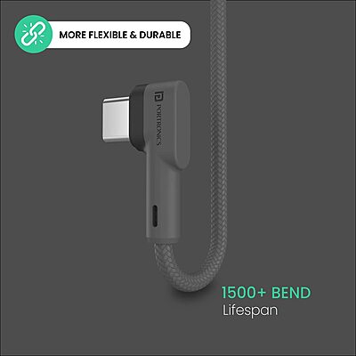 POR 1441 Konnect L C-C – 60W USB-C to USB-C Braided L Pin Cable | 1.2M | Grey | 06 Months
