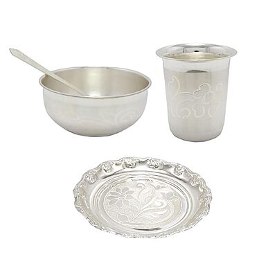 Silver Bowl, Spoon, Glass and Plate