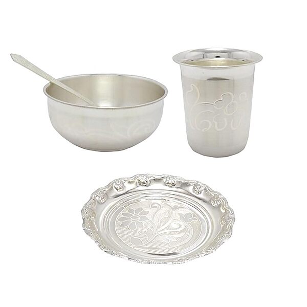 Silver Bowl, Spoon, Glass and Plate