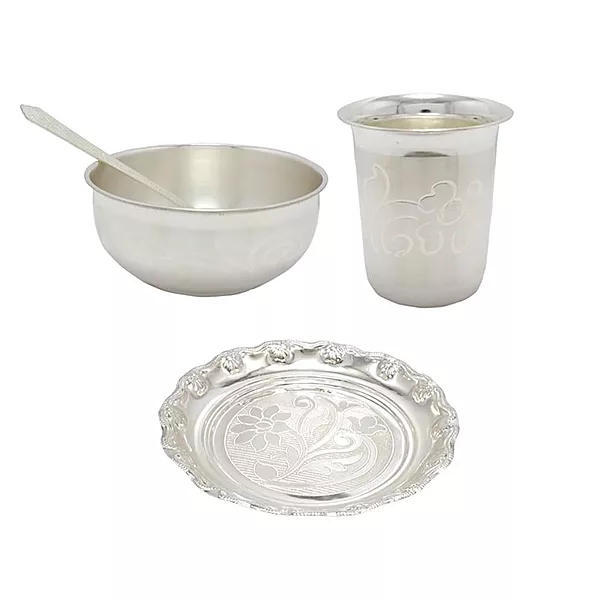 Silver Bowl, Spoon, Glass and Plate