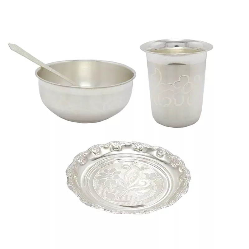 Silver Bowl, Spoon, Glass and Plate