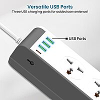 Portronics Power Plate 14 Extension Board – 10 Universal Sockets | 25W Type-C PD | 3 USB Charging Ports | 3 Meter Long Cord | 2500 Watts | Multi-Plug for Home Appliances | White