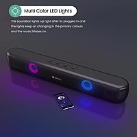 Portronics Decibel 21 – 10W Soundbar. Powerful audio, LED lights & FM radio. Compact design perfect for TV sound & wireless music.