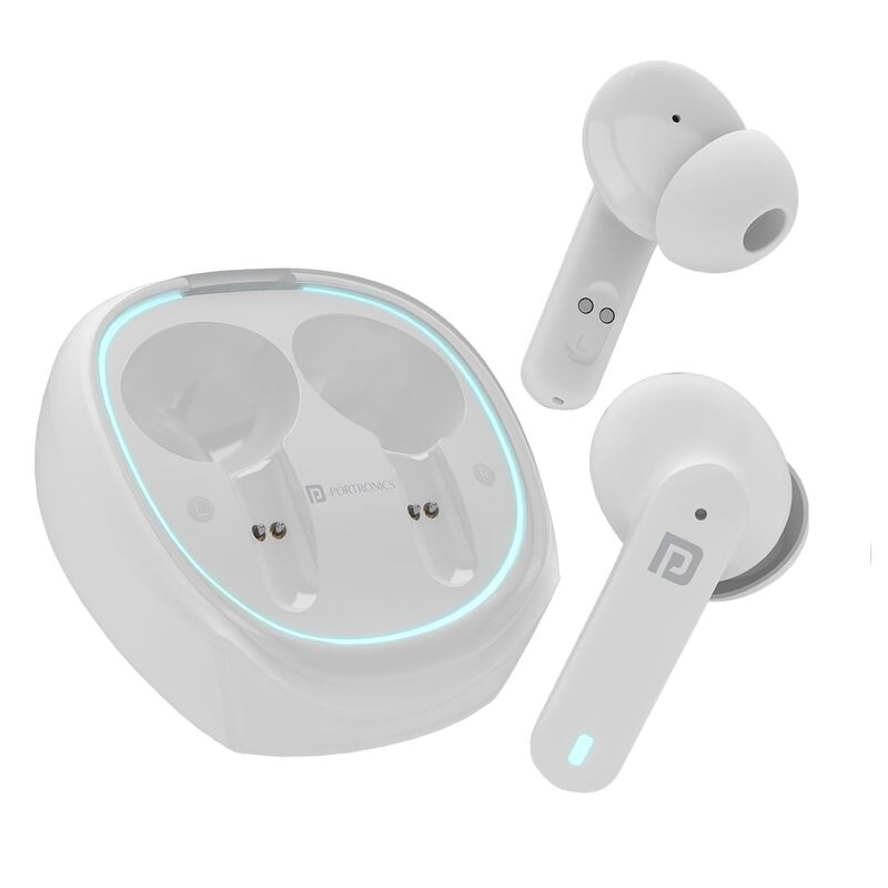 Portronics Twins S11 – Gaming TWS Earbuds, featuring Environmental Noise Cancellation (ENC) for immersive sound, sleek design in white, perfect for gamers seeking high-quality audio experience.