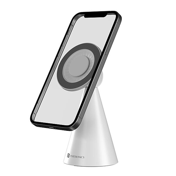 Portronics Mogun 5 – MagSafe Desk Phone Holder, White. Stylish and functional, it securely holds your phone while charging. Perfect for home or office use, keeping your workspace organized and tidy.