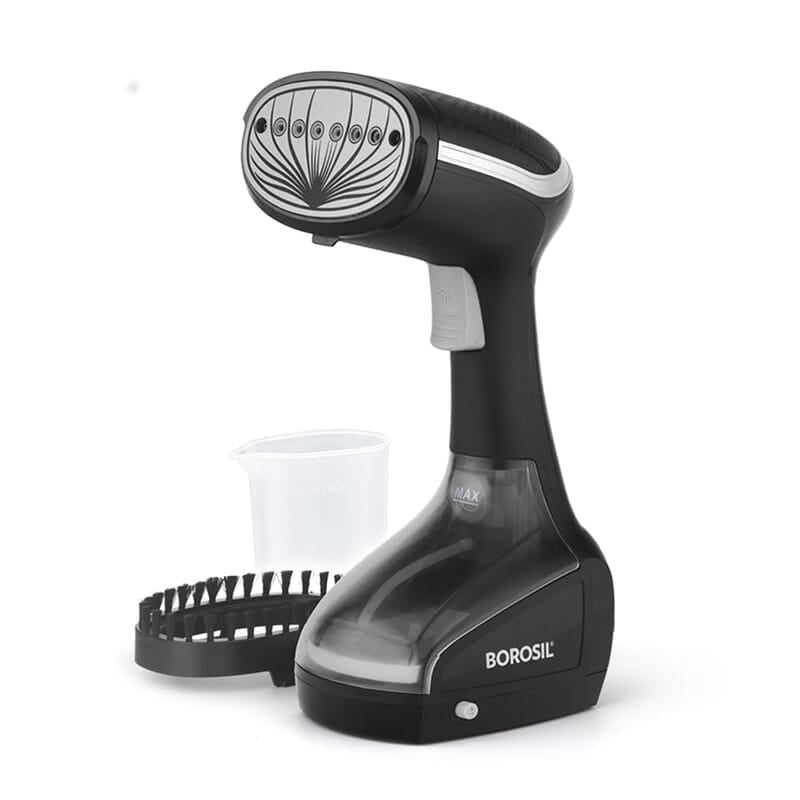 Borosil Handheld Garment Steamer Gs01,Horizontal & Vertical Use,1000 Watts Fast Heating,Ceramic Steam Nozzle,200 Ml Water Tank,Detachable Fabric Brush,Lint Brush,For Silk,Nylon,Rayon,Wool,Cotton