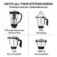 Borosil Fortuner Mixer Grinder Blender Juicer, Copper Motor, For Wet/Dry Mixing & Grinding, Blending Smoothies & Juicing Fruits 1000 Watts, 4 Jars (0.4L+1L+1.2L) (1.5L+1.5L+1.2L+0.4L)