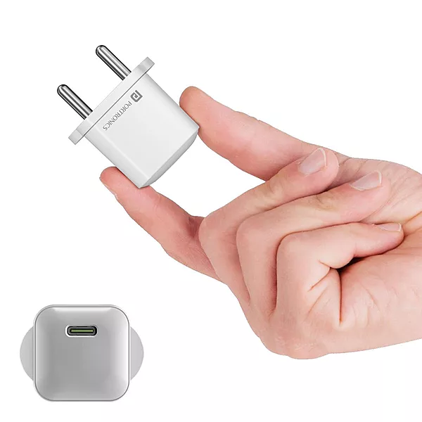 Portronics 1447 Adapto 20 Lite Charger – 20W Type-C PD GaN | 5V/3A, 9V/2.22A, 12V/1.67A | White