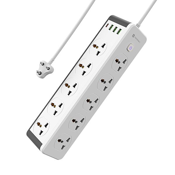 Portronics Power Plate 14 Extension Board – 10 Universal Sockets | 25W Type-C PD | 3 USB Charging Ports | 3 Meter Long Cord | 2500 Watts | Multi-Plug for Home Appliances | White
