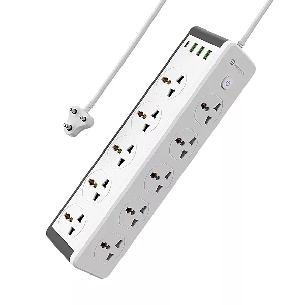 Portronics Power Plate 14 Extension Board – 10 Universal Sockets | 25W Type-C PD | 3 USB Charging Ports | 3 Meter Long Cord | 2500 Watts | Multi-Plug for Home Appliances | White