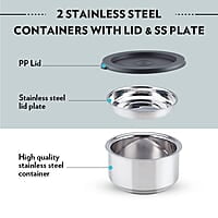 Borosil Carry Fresh Prime Stainless Steel Luncboxes with Carry Bag, Set of 3 (280 ml x 2, 180 ml x 1)