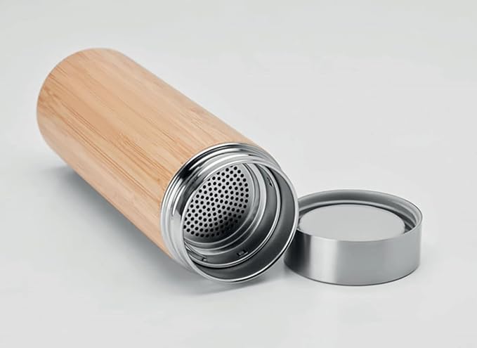 Eco- Bamboo Water Bottle, Stainless Steel Flask Water Bottle/Thermos with Tea Strainer | Double Wall Vacuum Insulated | Hot & Cold