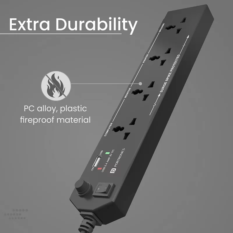 Portronics Power Plate 4 is a versatile extension board featuring 4 AC sockets and 2 USB ports. Ideal for home or office use, it ensures efficient power distribution and device charging.