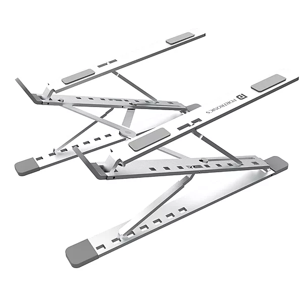 Portronics My Buddy K Pro Ergonomic Laptop Stand – Silver offers adjustable height, sturdy design, and portability. Ideal for comfortable typing and cooling, enhancing your workspace efficiency.