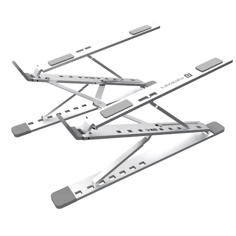 Portronics My Buddy K Pro Ergonomic Laptop Stand – Silver offers adjustable height, sturdy design, and portability. Ideal for comfortable typing and cooling, enhancing your workspace efficiency.