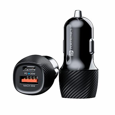 Portronics 20W Dual Output Car Charger 20W Type-C PD + 18W USB Fast Charging Black
