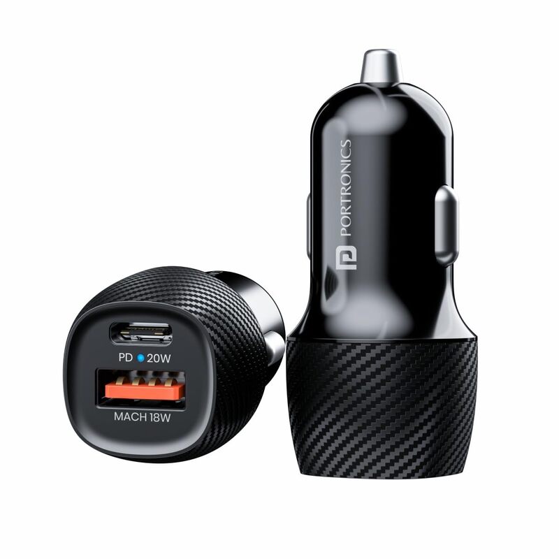 Portronics 20W Dual Output Car Charger 20W Type-C PD + 18W USB Fast Charging Black