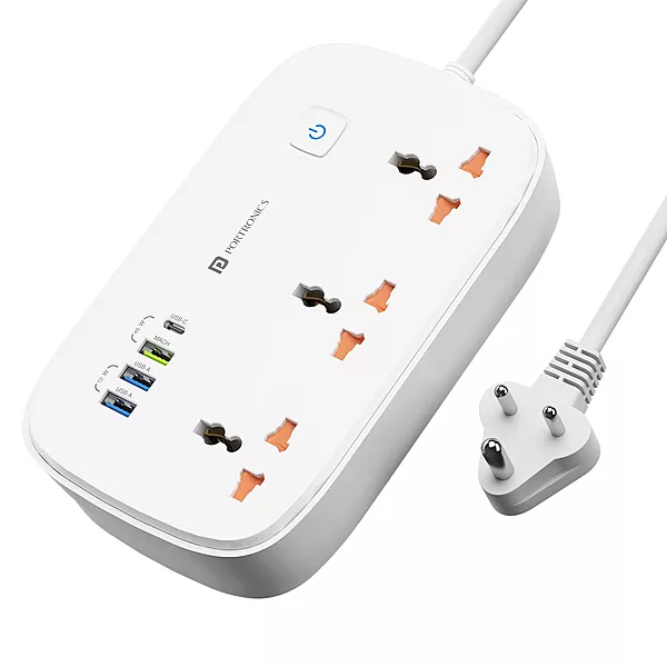 Portronics Power Plate 16 Extension Board – 45W Type-C PD Charging | 3 Universal Sockets | 3 USB Ports | 3 Meter Long Cord | 1440 Watts | Multi-Plug for Home Appliances | 6 Amp | White