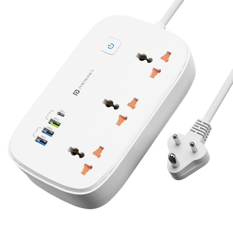 Portronics Power Plate 16 Extension Board with 45W Type-C PD Charging, 3 Universal Sockets, 3 USB Ports, 3 Meter Long Cord, 1440 Watts