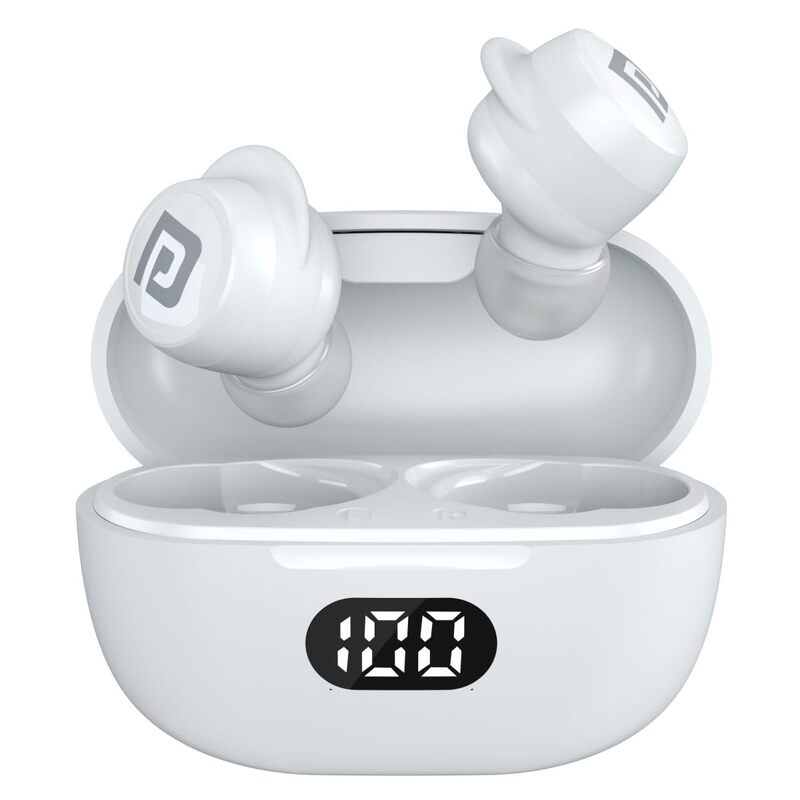 Portronics Twins S5 – TWS Earbuds, featuring a sleek design, LED display for battery status, and superior sound quality. Enjoy wireless freedom and comfort in a stylish white finish.