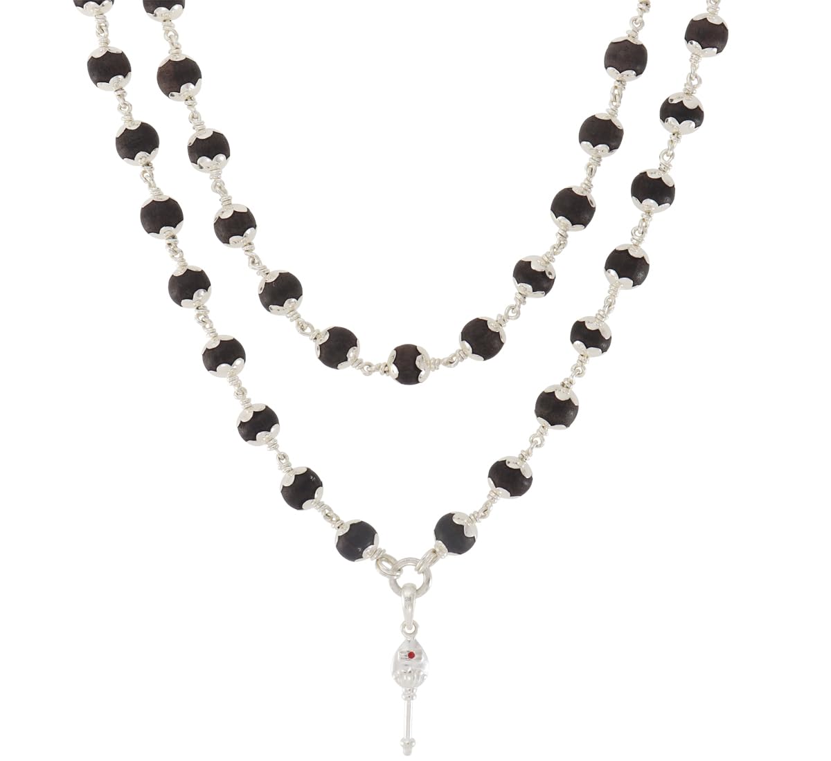 Karungali Mala with Silver Murugan, Vel & Tamil Om Pendant Spiritual Mala