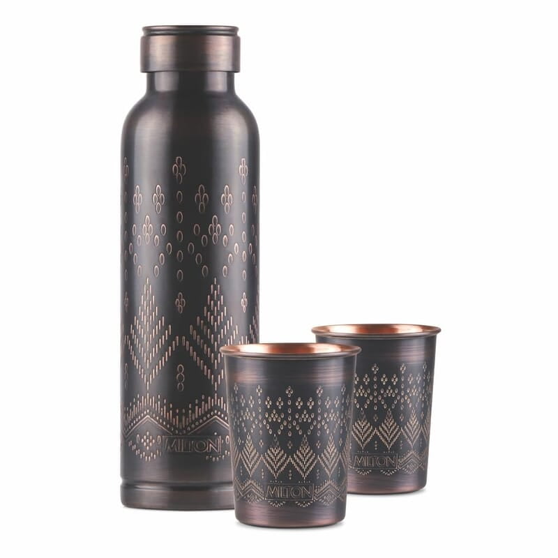 MILTON Copper Elegante Gift Set (1- Bottle, 940 ml and 2-Tumbler, 290 ml Each), Copper Ethnic