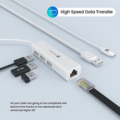 Portronics Mport 60 – USB-C to LAN Hub features 3 USB ports for seamless connectivity. Ideal for laptops, it ensures stable internet access and multiple device connections in one compact design.