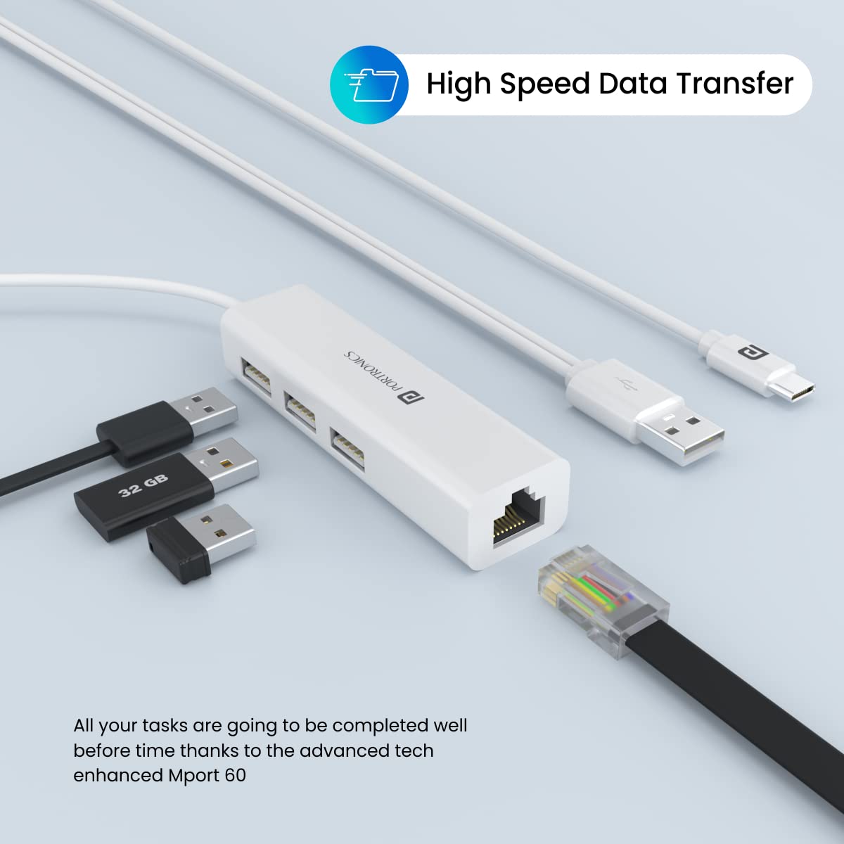 Portronics Mport 60 – USB-C to LAN Hub features 3 USB ports for seamless connectivity. Ideal for laptops, it ensures stable internet access and multiple device connections in one compact design.