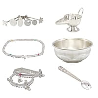 Sterling Silver Baby Set Pottu Kit,Hip Chain, Anklet, Feeder, Bowl,Spoon