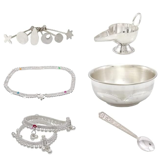 Sterling Silver Baby Set Pottu Kit,Hip Chain, Anklet, Feeder, Bowl,Spoon Sterling Silver Baby Set Pottu Kit,Hip Chain, Anklet, Feeder, Bowl,Spoon