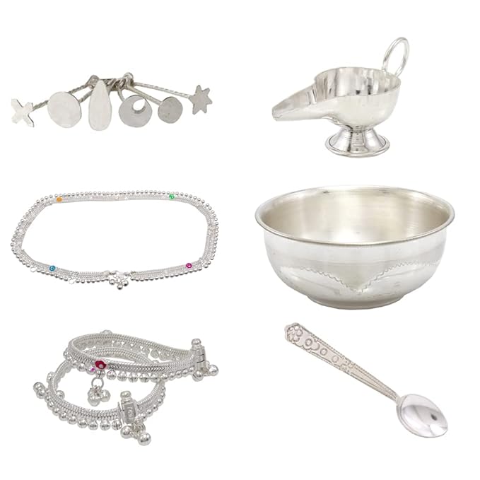 Sterling Silver Baby Set Pottu Kit,Hip Chain, Anklet, Feeder, Bowl,Spoon