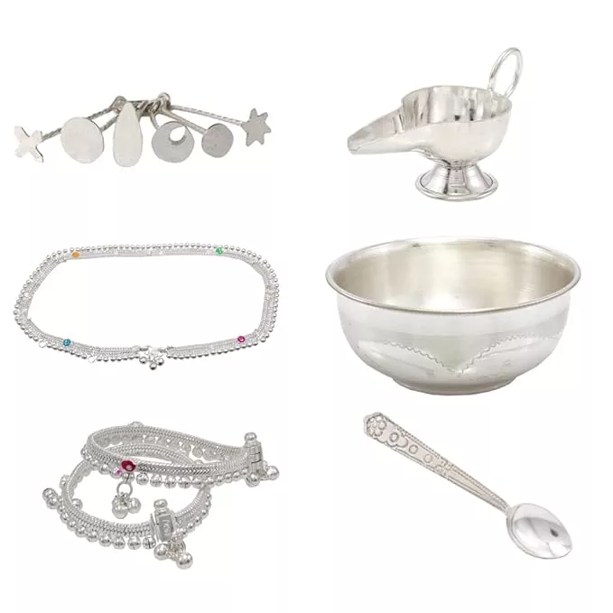 Sterling Silver Baby Set Pottu Kit,Hip Chain, Anklet, Feeder, Bowl,Spoon